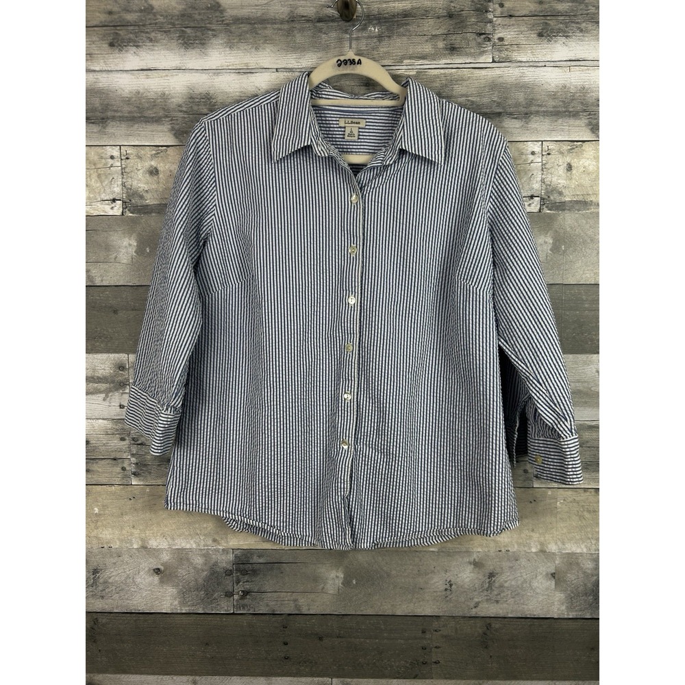 LL Bean Women's 7/8 Sleeve Striped Large Button Up Blouse